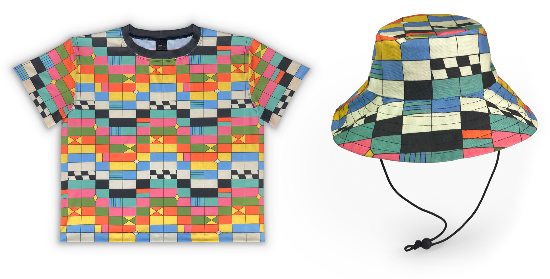 TV Test Pattern print on t-shirt and bucket hat- mid-century wave tile pattern with inset checkerboards, flying geese, stripes, and diamonds in an off-white, charcoal black, periwinkle blue, robin's egg blue, dusty rose, soft avocado green, soft orange, and mustard yellow.