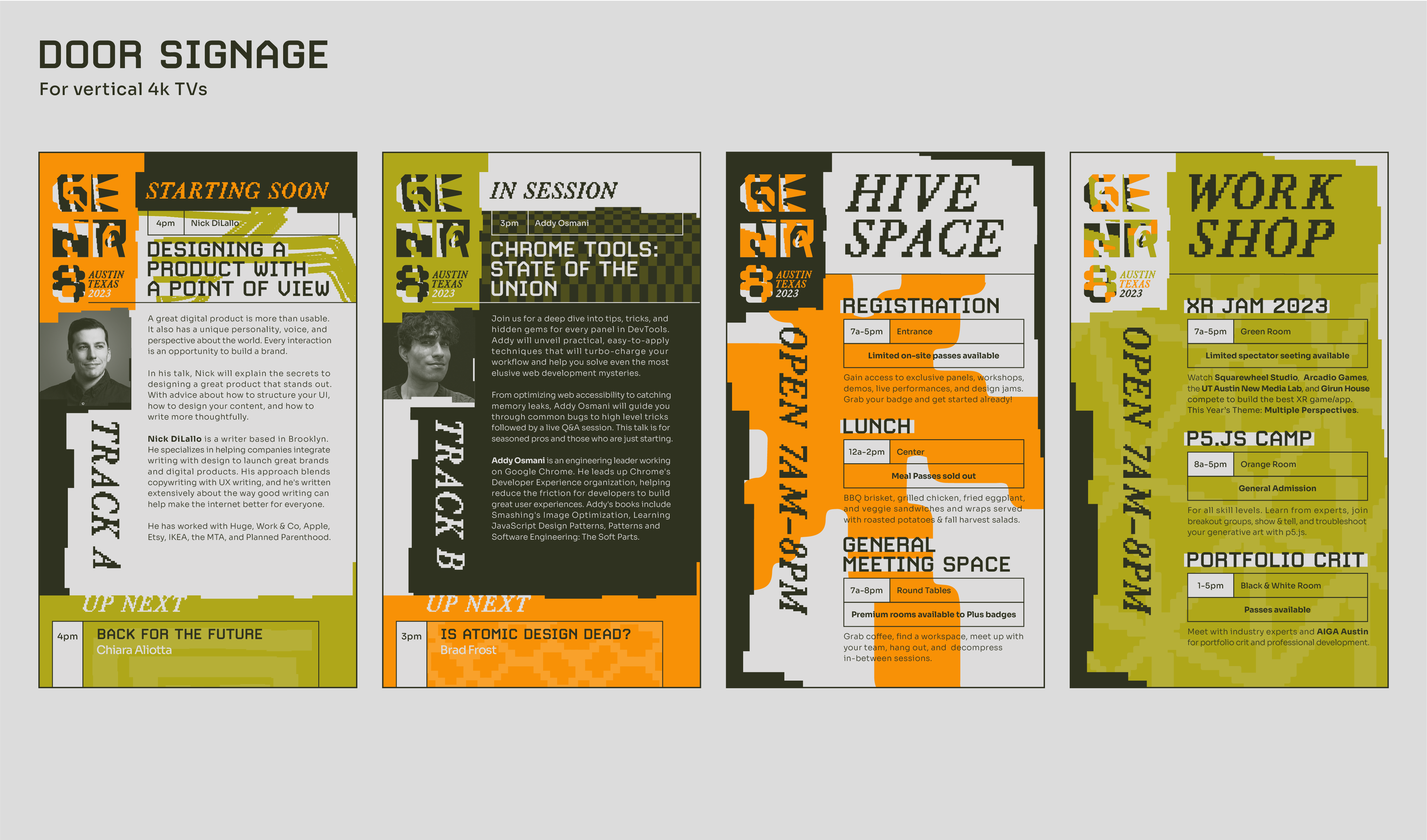 "Door Signage- For vertical 4k TVs"- Signage examples for Track A, B, Hive Space, and Work Shop.