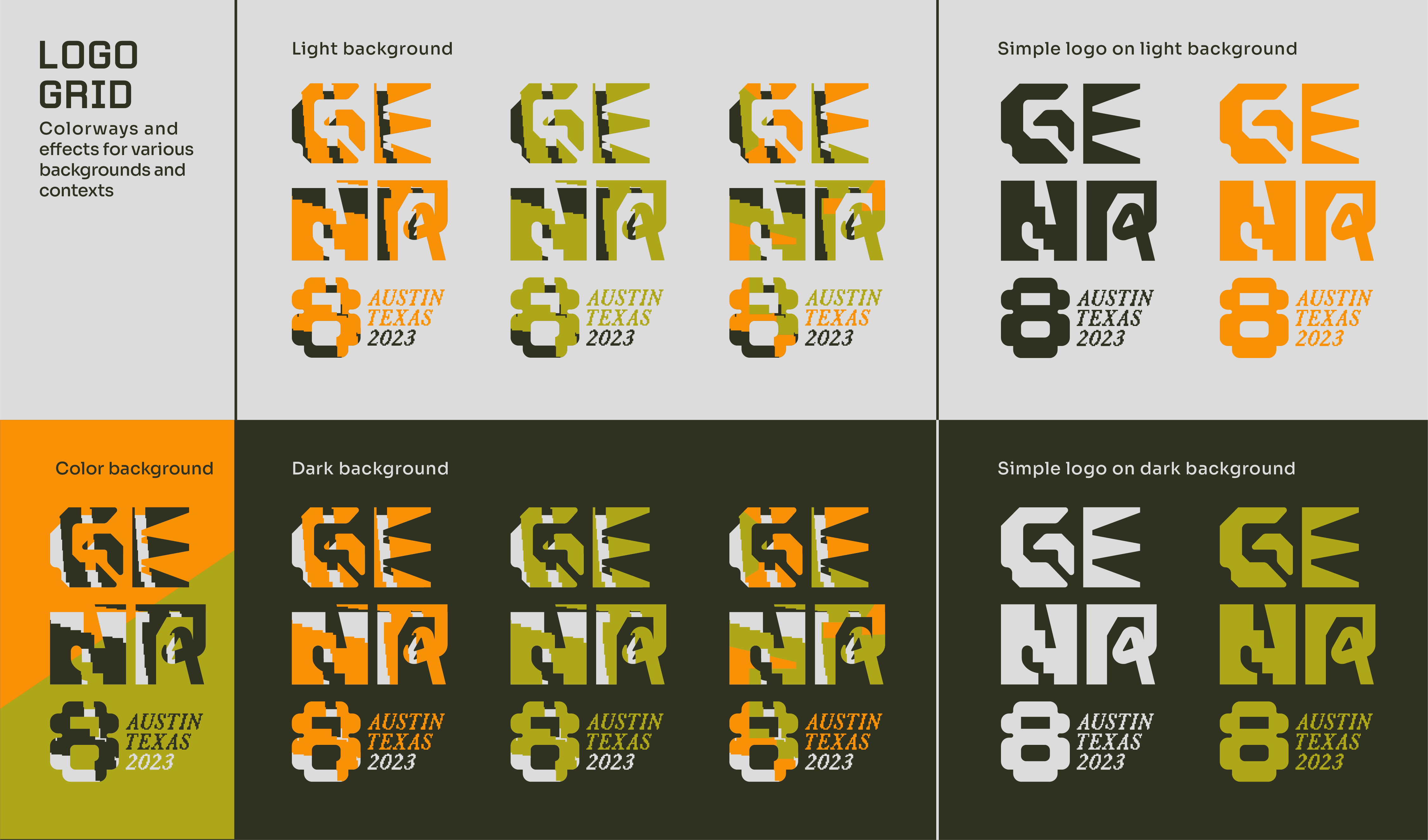 "Logo Grid- colorways and effects for various backgrounds and contexts". The top section shows logos set on a light background, the bottom shows the logos set on color and black background.