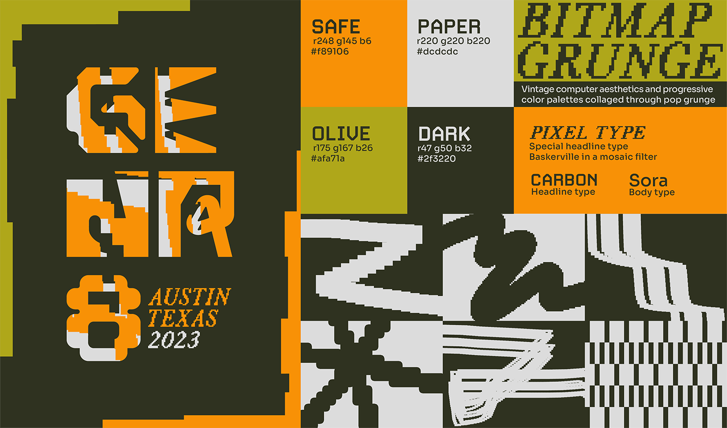 Brand Board divided into three sections. Left section contains the Genr8 Austin Texas 2023 logo in white with orange accents. Top right shows a color palette (Orange, White, Olive, Very Dark Green Black), "Bitmap Grunge- vintage computer aesthetics and progressive color palettes collaged through pop grunge", and a section of typography using a pixelated serif font, Carbon for headlines, and Sora for body type. Bottom left are graphic assets set in black and white checkerboard- mostly pixelated brushes and blocky patterns.