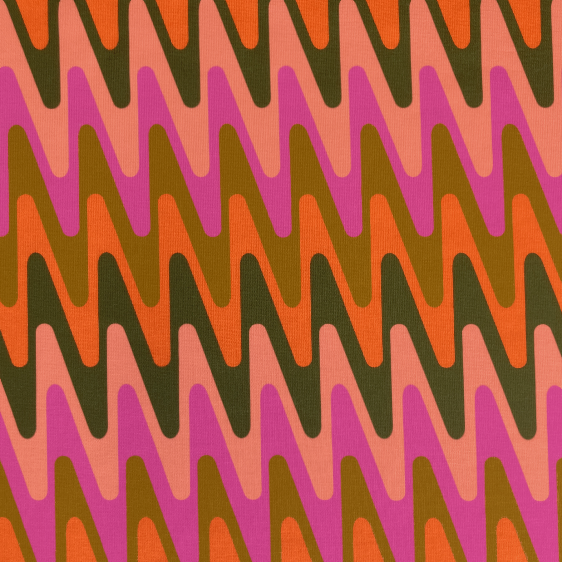 Sine Waves pattern, groovy mid-century op-art steep triangular waves, in Neon Earth Tones colorway