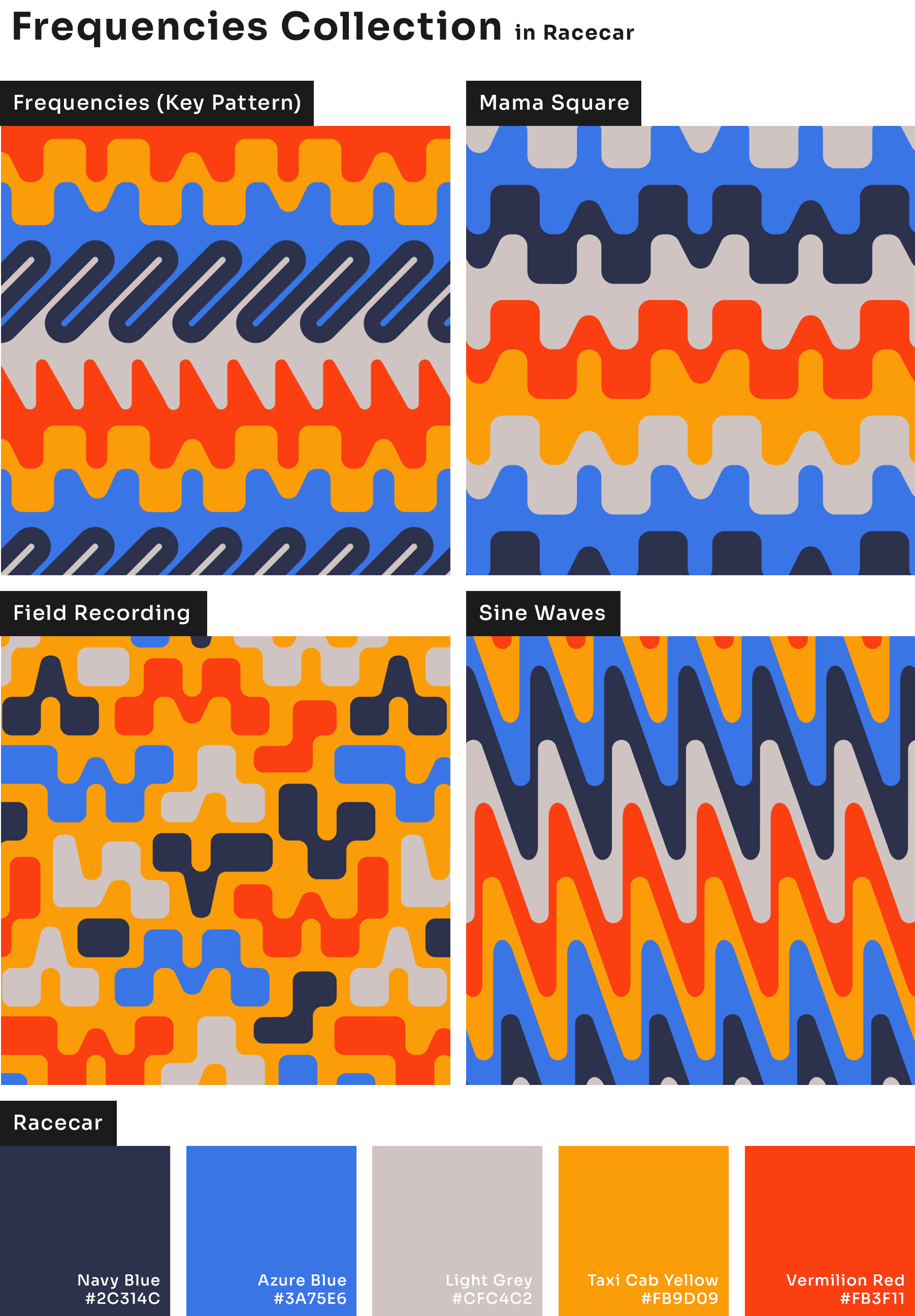 Frequencies collection in Racecar, a primary color colorway with navy blue and off-white.