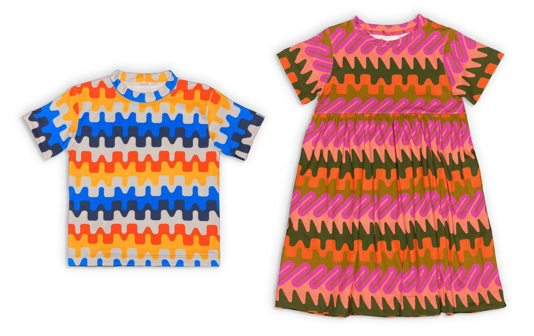T-shirt in Mama Square pattern in Racecar, Dress in Frequencies (key pattern) in Neon Earth Tones