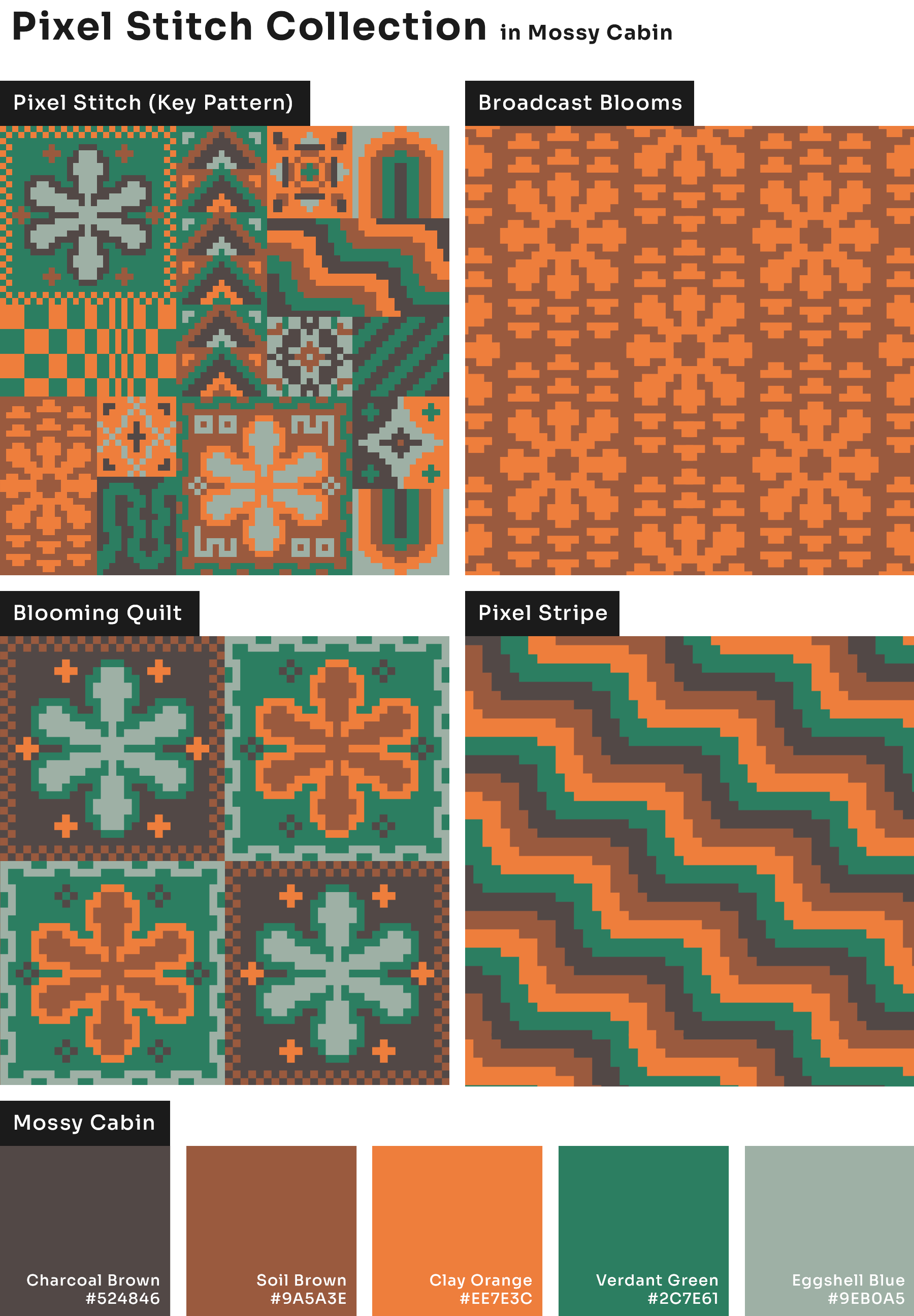 Pixel Stitch pattern collection in Mossy Cabin colorway- Charcoal brown black, soil brown, clay orange, verdant green, and eggshell pale blue. Patterns are stacked with a color palette on bottom