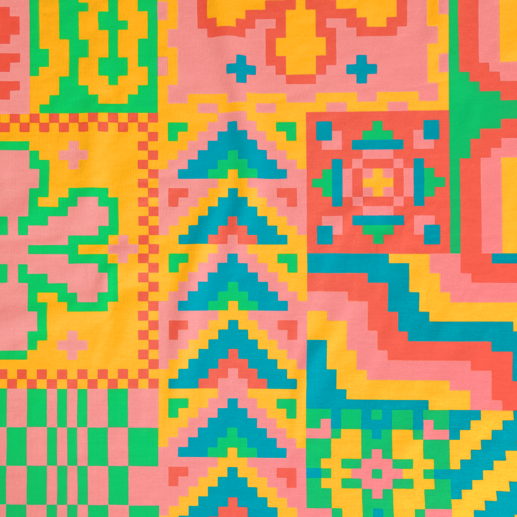 Pixel Stitch (key pattern) is a cross-stitch pattern inspired repeat pattern with quilt block style panels of starbursts, checkerboards, pixelated stripes, and blocky design motifs. It is set in Lucky Fruit colorway, neon pastels in kelly green, sunshine yellow, blush pink, cerulean blue, and watermelon red.