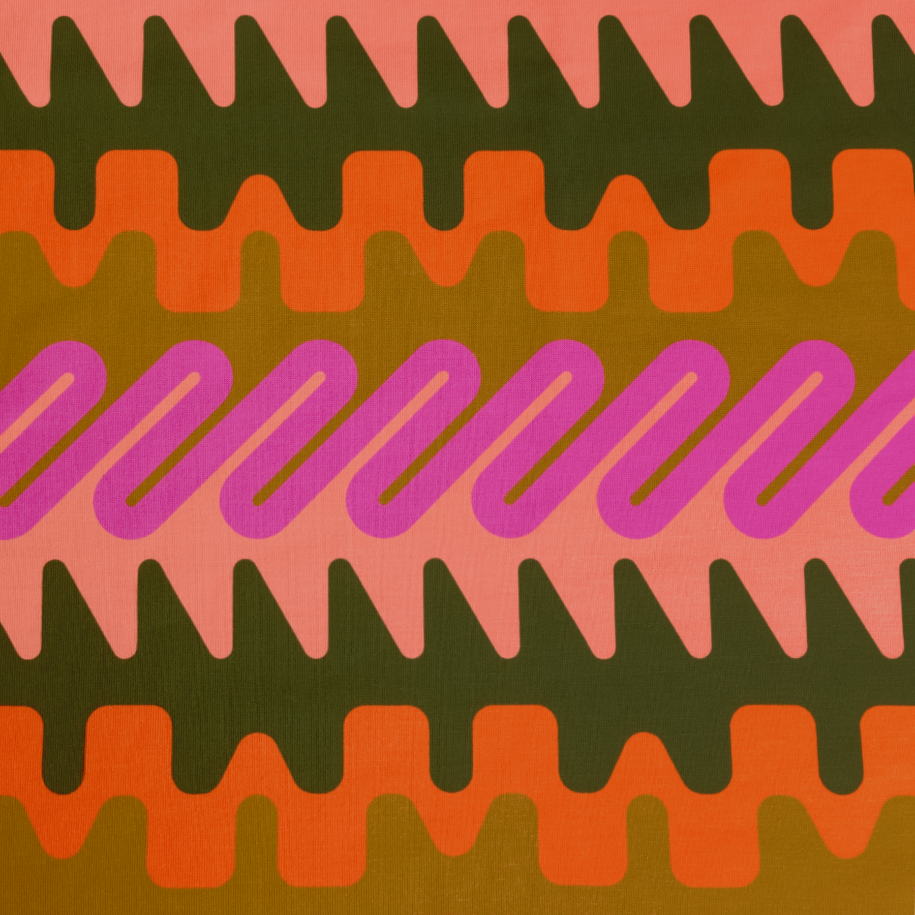 Frequencies (key pattern) in Neon Earth Tones- 70s groovy, chunky frequency waves colorblocked in forest green, pea green, blush pink, bright fuchsia, and hunter orange.