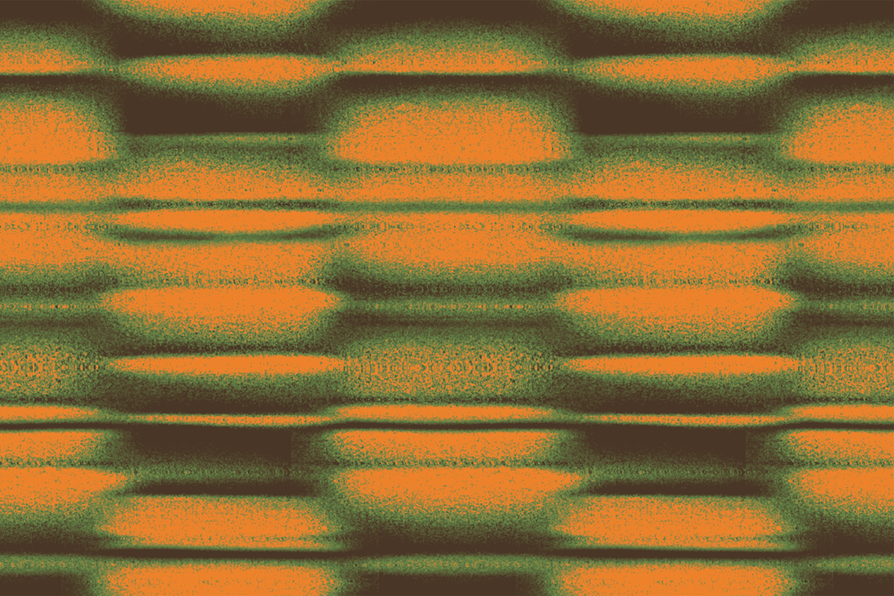 Sequencing pattern (a horizontally stretched noisy checkerboard) in chlorophyll (peachy orange, kelly green, and muddy charcoal brown-black)
