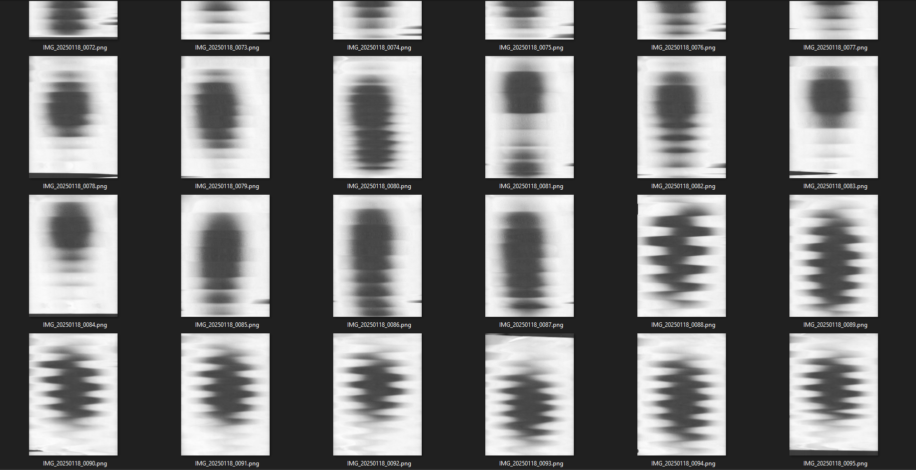 Screenshot of thumbnails of scanned pattern assets in a Windows folder- all images are noisy gradient shaped scanned while the paper was manipulated and moved