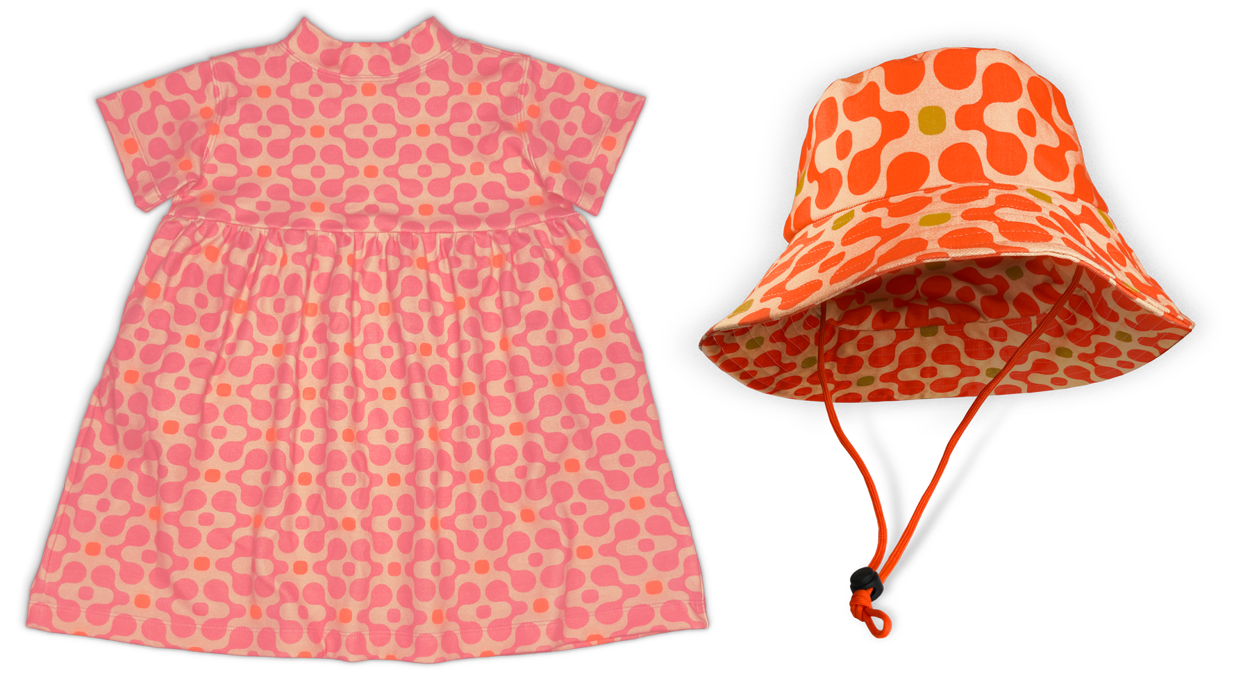 Temporal pattern in a dress and bucket het. Dress is in uncanny valley (cotton candy pink, hot coral orange, and pinkish khaki). Hat is in Macrame Class (international orange, avocado green, and khaki)