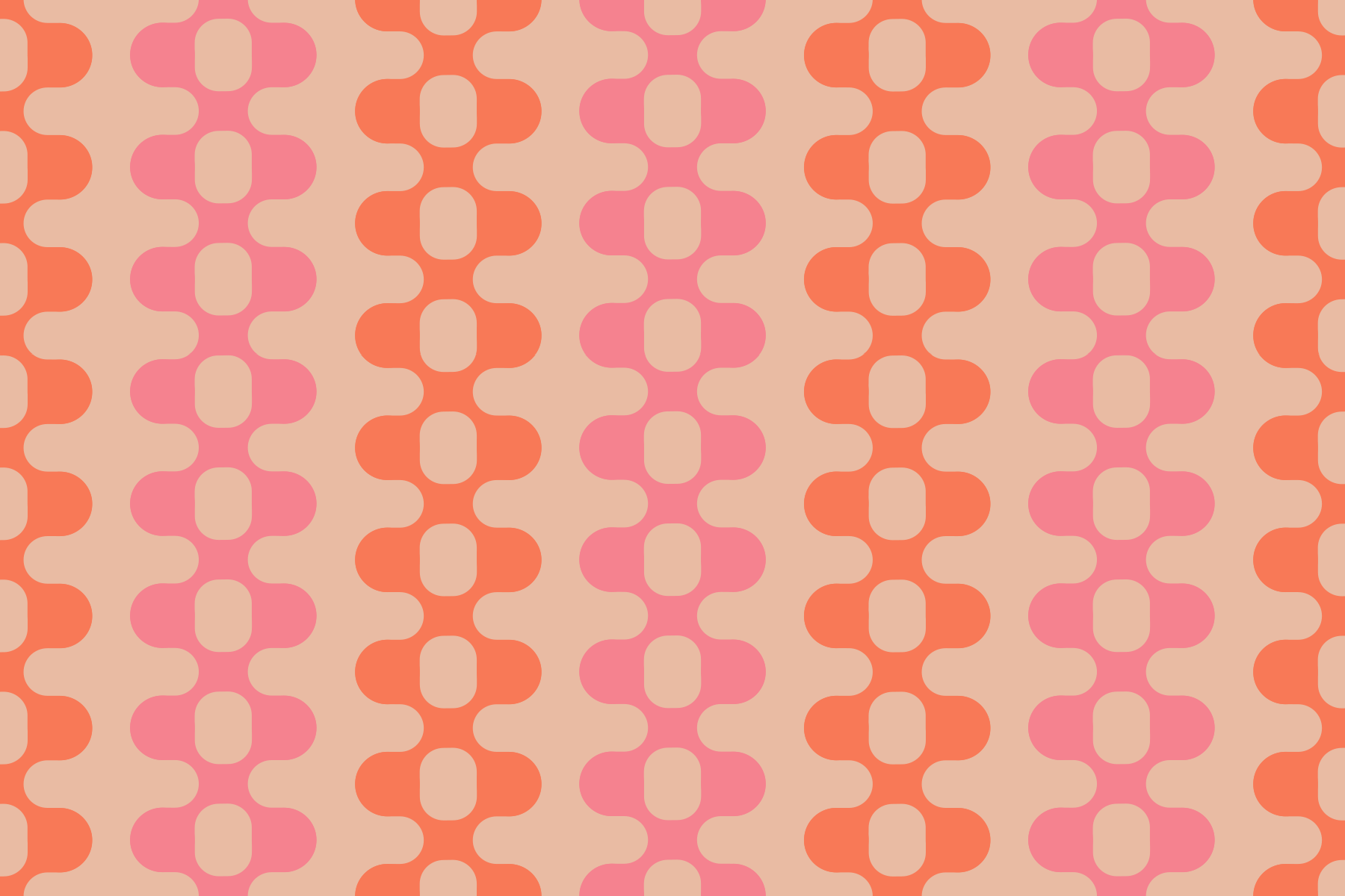 Synapse pattern (figure 8 chains in multicolor rows) in Uncanny Valley (cotton candy pink, hot coral, and pinkish khaki)